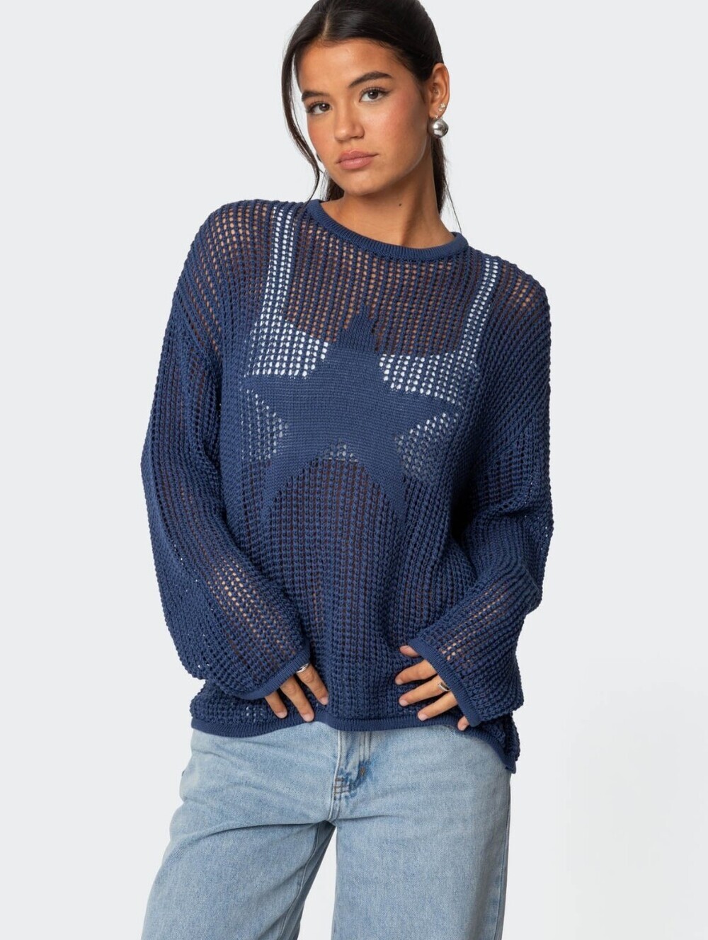 Edikted Blue Seeing Stars Oversized Knit Sweater - Size Small